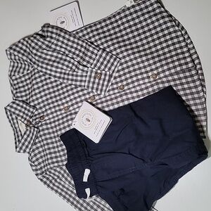 NWT BURTS BEE BABY plaid Button Up Navy Trousers Organic Cotton
